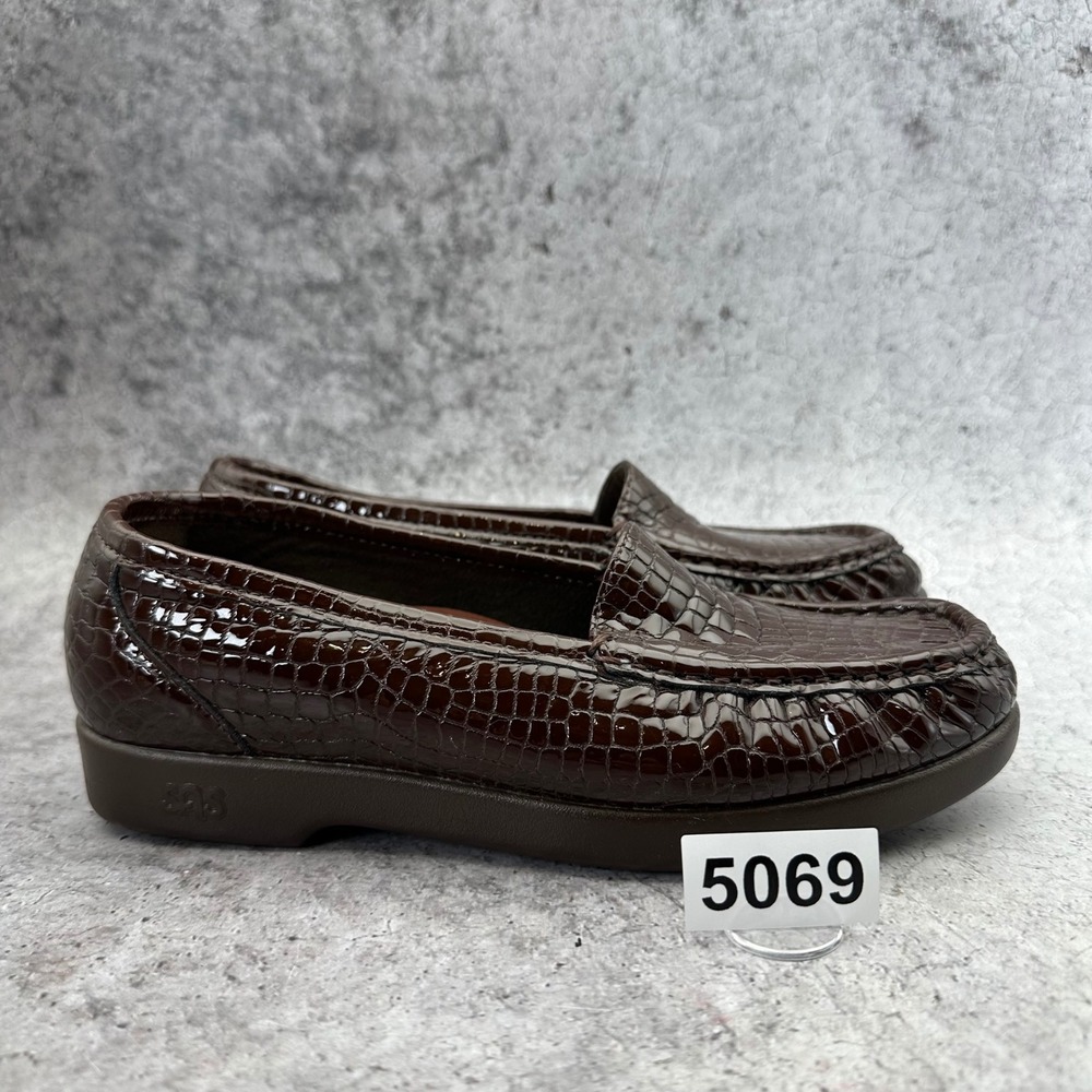 SAS Simplify Loafers Womens 6.5 WW Brown Croc Patent Leather Shoes